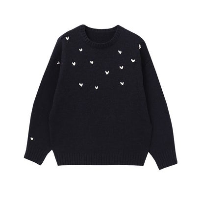ハート刺繍ニット （ダークネイビー×オフホワイト）｜詳細画像