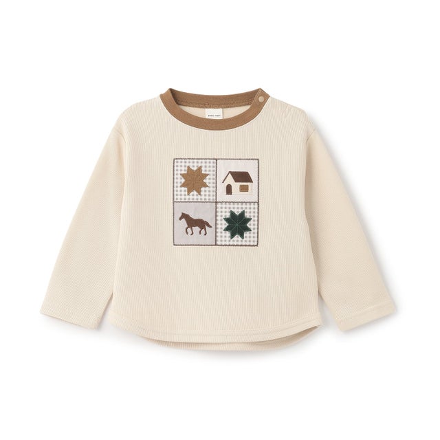 パッチワーク長袖Tシャツ （ベージュ）