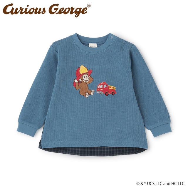 【おさるのジョージ】接結アップリケ長袖Tシャツ （ブルー）