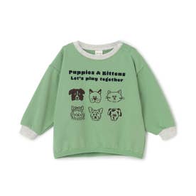 イヌネコゆるキャラミニ裏毛長袖Tシャツ （イエロー グリーン）