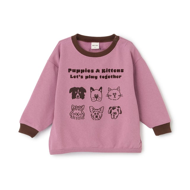イヌネコゆるキャラミニ裏毛長袖Tシャツ （モデレート ピンク）