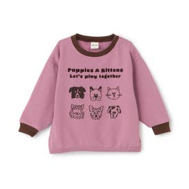 イヌネコゆるキャラミニ裏毛長袖Tシャツ （モデレート ピンク）