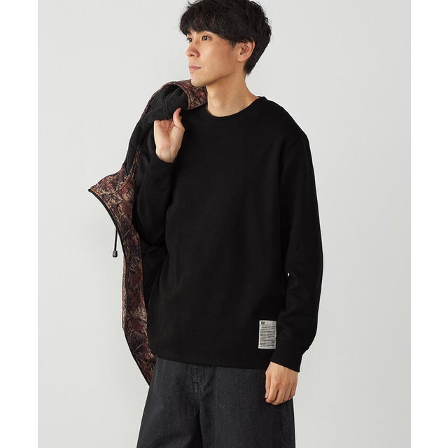 裏起毛ワッフル 長袖Tシャツ （ブラック）