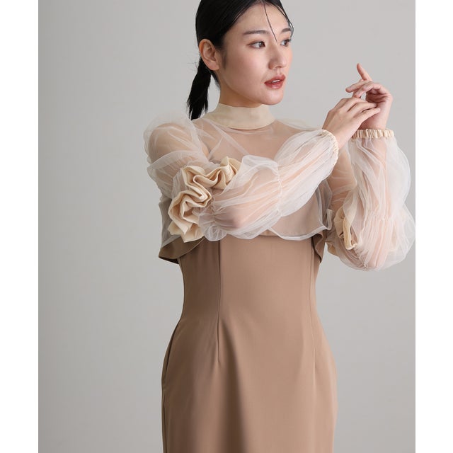 結婚式パーティードレスチュールボレロ袖あり&ミモレ丈お呼ばれ同窓会オケージョンドレスフォーマル フォーマル ワンピース パーティードレス 20代 30代 40代 （モカ）