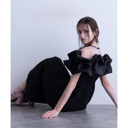 ミモレ&袖あり フォーマル パール バイカラー オフショルダー Iライン 大きいサイズ 結婚式二次会 パーティードレス お呼ばれ オケージョンドレス 同窓会成人式 フォーマル ワンピース （ブラック）｜詳細画像