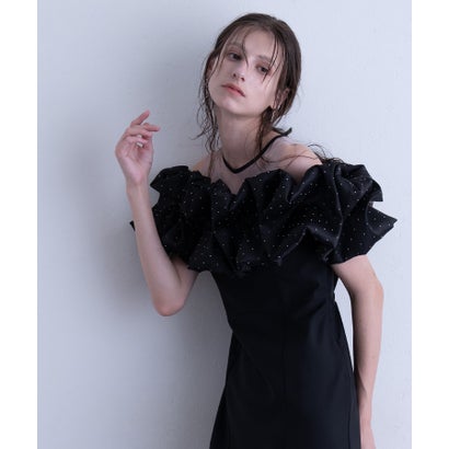 ミモレ&袖あり フォーマル パール バイカラー オフショルダー Iライン 大きいサイズ 結婚式二次会 パーティードレス お呼ばれ オケージョンドレス 同窓会成人式 フォーマル ワンピース （ブラック）｜詳細画像