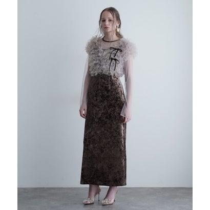 プールヴー PourVous 3点セット フリルベスト×ベロアワンピース×シアートップス ミモレ&袖あり フォーマル リボン Iライン セレモニー 結婚式二次会 パーティードレス お呼ばれ オケージョンドレス （ブラウン×リボン）｜詳細画像