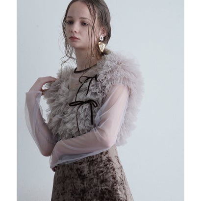 プールヴー PourVous 3点セット フリルベスト×ベロアワンピース×シアートップス ミモレ&袖あり フォーマル リボン Iライン セレモニー 結婚式二次会 パーティードレス お呼ばれ オケージョンドレス （ブラウン×リボン）｜詳細画像