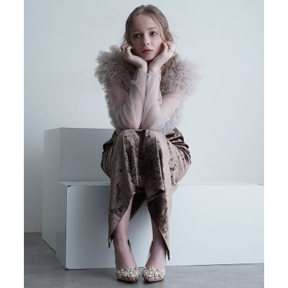 プールヴー PourVous 3点セット フリルベスト×ベロアワンピース×シアートップス ミモレ&袖あり フォーマル リボン Iライン セレモニー 結婚式二次会 パーティードレス お呼ばれ オケージョンドレス （ブラウン）｜詳細画像