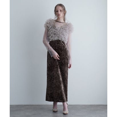 プールヴー PourVous 3点セット フリルベスト×ベロアワンピース×シアートップス ミモレ&袖あり フォーマル リボン Iライン セレモニー 結婚式二次会 パーティードレス お呼ばれ オケージョンドレス （ブラウン）｜詳細画像