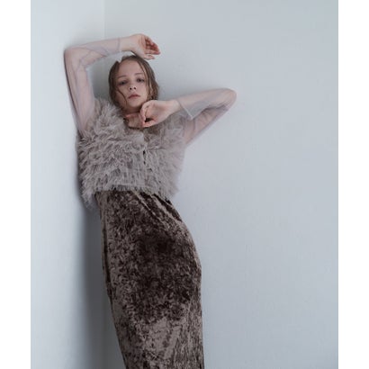 プールヴー PourVous 3点セット フリルベスト×ベロアワンピース×シアートップス ミモレ&袖あり フォーマル リボン Iライン セレモニー 結婚式二次会 パーティードレス お呼ばれ オケージョンドレス （ブラウン）｜詳細画像