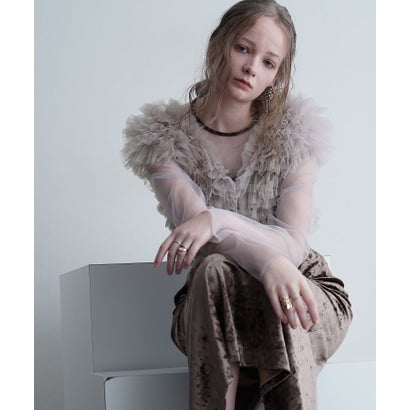 プールヴー PourVous 3点セット フリルベスト×ベロアワンピース×シアートップス ミモレ&袖あり フォーマル リボン Iライン セレモニー 結婚式二次会 パーティードレス お呼ばれ オケージョンドレス （ブラウン）｜詳細画像