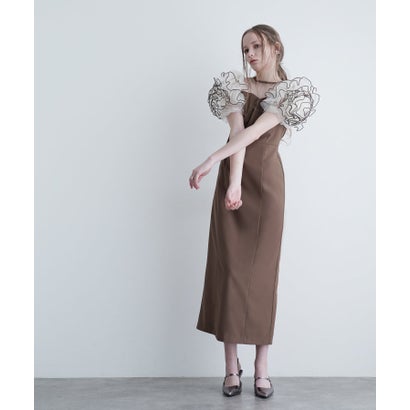 プールヴー PourVous ミモレ丈&袖あり フォーマル チュール 配色メロー 大きいサイズ 結婚式二次会 パーティードレス お呼ばれ オケージョンドレス 同窓会成人式 フォーマル （モカ×ホワイト）｜詳細画像