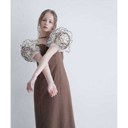 プールヴー PourVous ミモレ丈&袖あり フォーマル チュール 配色メロー 大きいサイズ 結婚式二次会 パーティードレス お呼ばれ オケージョンドレス 同窓会成人式 フォーマル （モカ×ホワイト）｜詳細画像