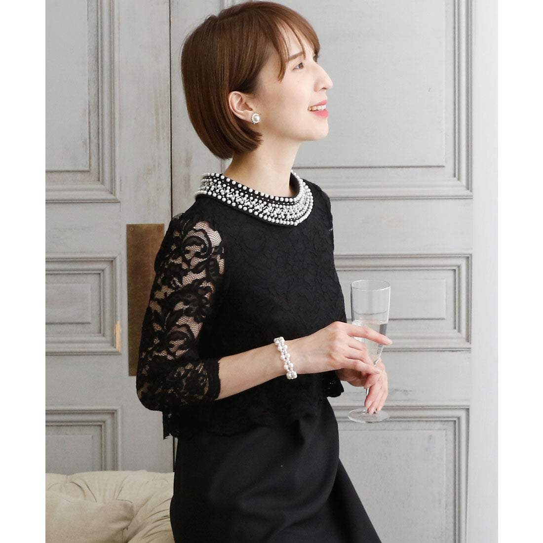 プールヴー PourVous 結婚式ワンピースドレスシースルーミニ丈&袖あり 