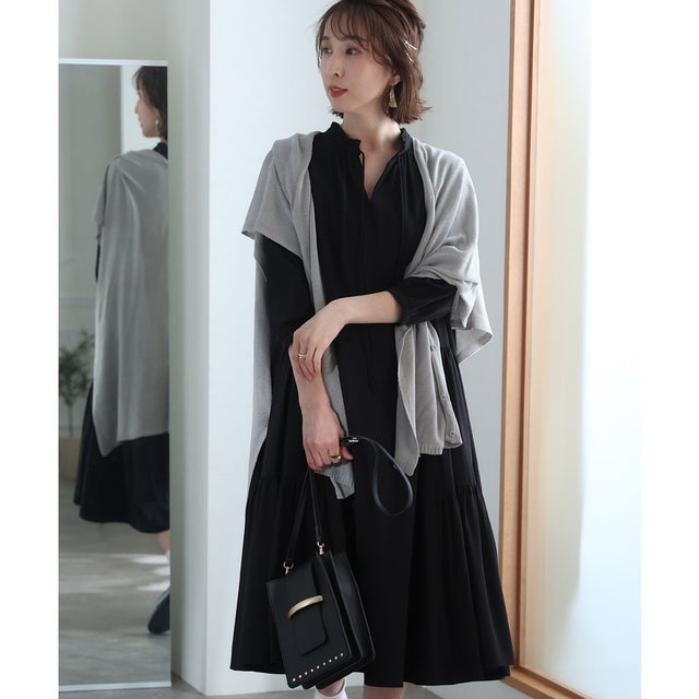 フレアシルエットパーティードレス大きいサイズ袖あり&ミモレ丈結婚式フォーマル ワンピース 20代 30代 40代 （ブラック）