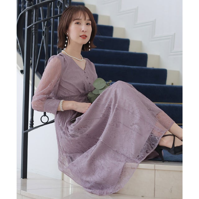 Vネックパーティードレス大きいサイズ七分袖&ロング結婚式フォーマル ワンピース 20代 30代 40代 （グレーベージュ）
