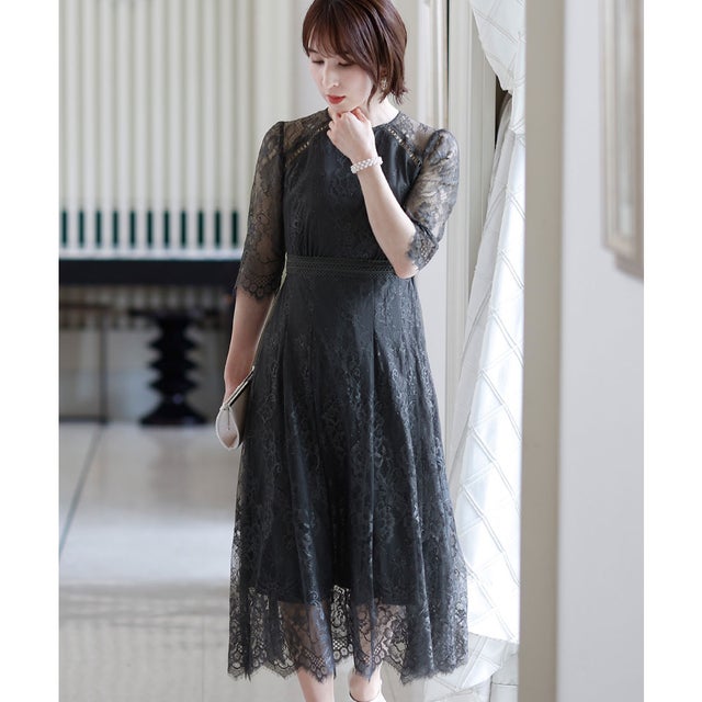 結婚式パーティードレス七分袖とロングケミカルレース大きいサイズフォーマル ワンピース 20代 30代 40代 （ダークカーキ）