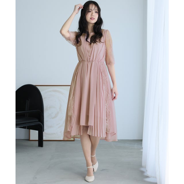 ロング&七分袖フォーマルアシンメトリー大きいサイズ結婚式ワンピースドレス パーティードレス 20代 30代 40代 （ピンク）