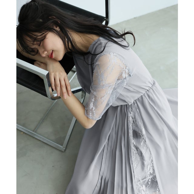 ロング&七分袖フォーマルアシンメトリー大きいサイズ結婚式ワンピースドレス パーティードレス 20代 30代 40代 （ブルーグレー）
