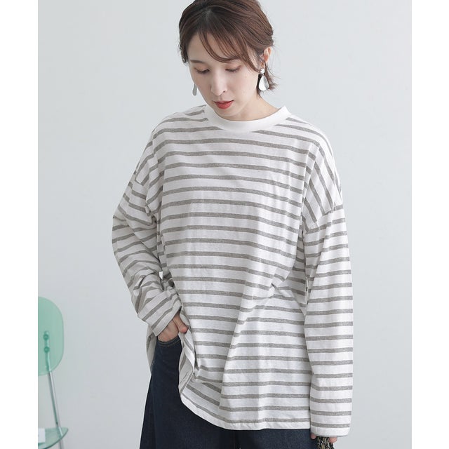 BIGボーダーロングスリーブTシャツ （杢グレー/オフホワイト）