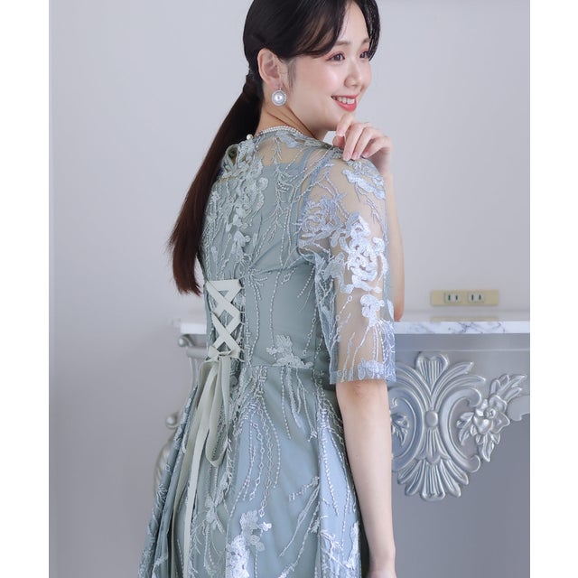 ミモレ丈&七分袖フォーマルボタニカル刺繍大きいサイズ結婚式パーティードレス ワンピース 20代 30代 40代 （ブルーグレー）