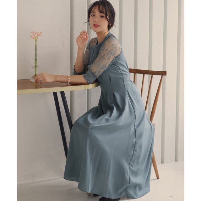 ラグランパーティードレスお呼ばれロング&七分丈結婚式フォーマル ワンピース 20代 30代 40代 （グリーン）
