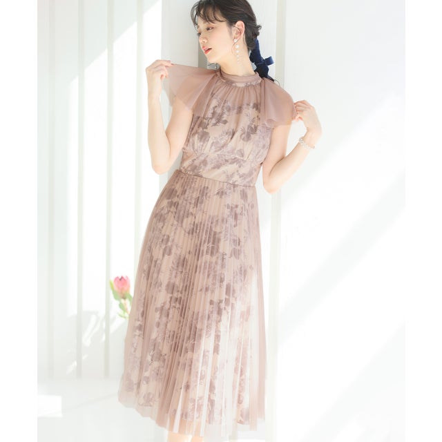 ロング&ノースリーブフォーマルチュールセレモニー結婚式パーティードレス ワンピース 20代 30代 40代 （ピンク）