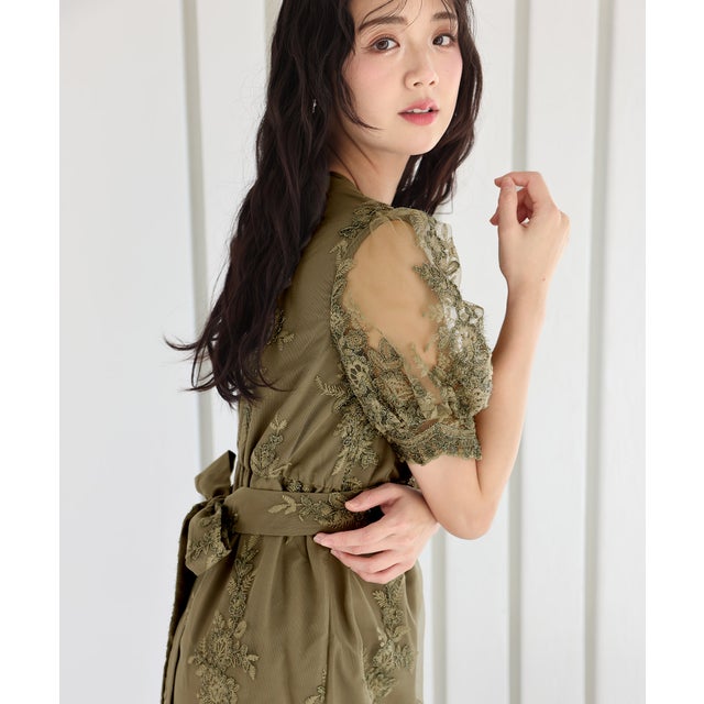 結婚式パーティードレスロングと袖ありビショップスリーブ大きいサイズフォーマル ワンピース 20代 30代 40代 （グリーン）