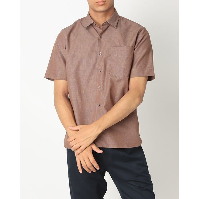 
                    形態安定ノーアイロン 半袖 和紙混 ラウンドテール ワイド ブ ビジネスシャツ （ブラウン）