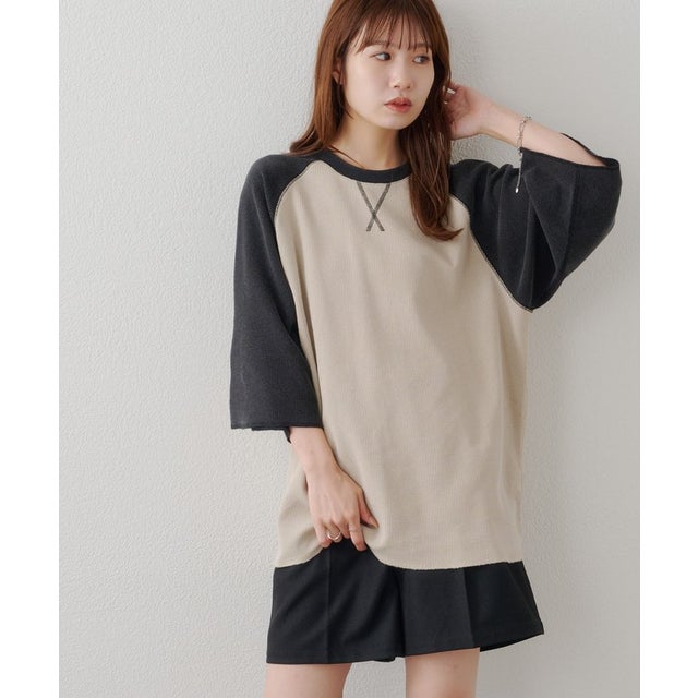 【Discoat】製品加工ワッフルラグラン7分袖Tシャツ （black）