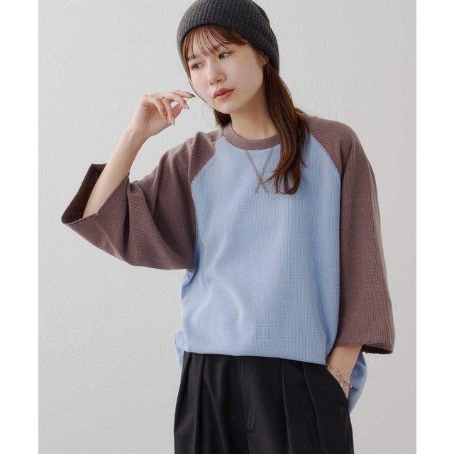 【Discoat】製品加工ワッフルラグラン7分袖Tシャツ （sax blue）