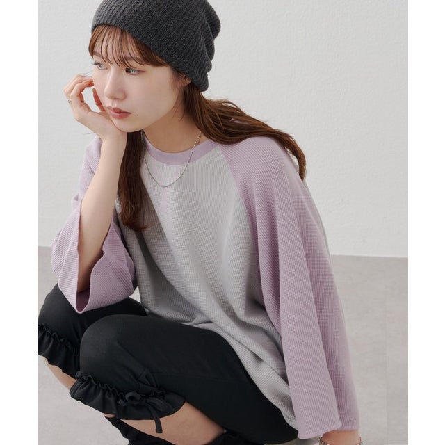 【Discoat】製品加工ワッフルラグラン7分袖Tシャツ （purple）