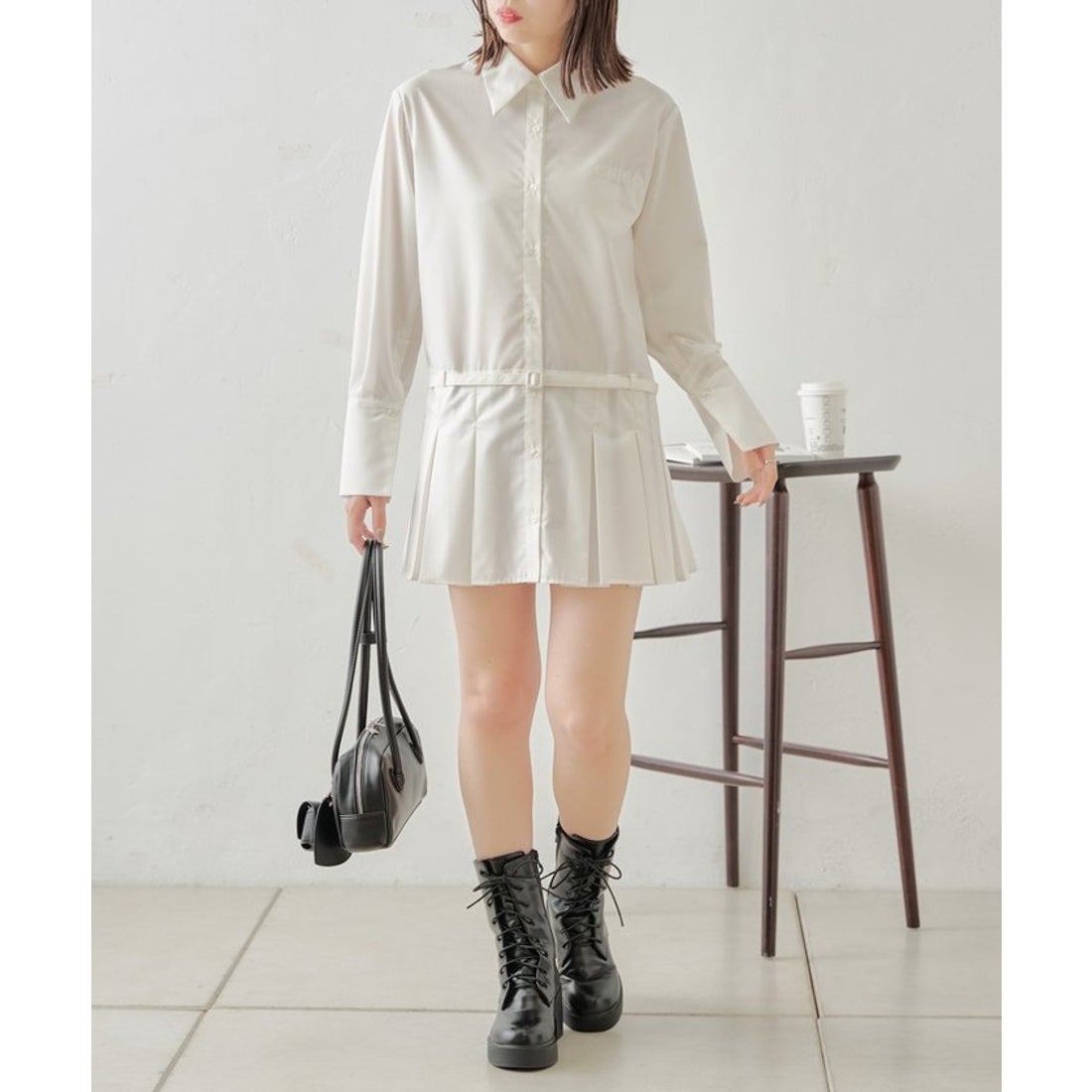 パル PAL 【Chico】ローウエストプリーツミニシャツワンピース （white 
