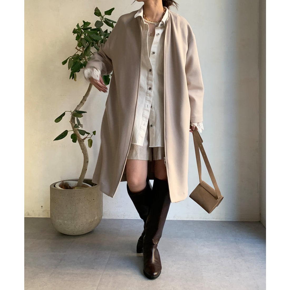 DOUDOU ノーカラー コート WEB限定】 シャギーノーカラーコート 