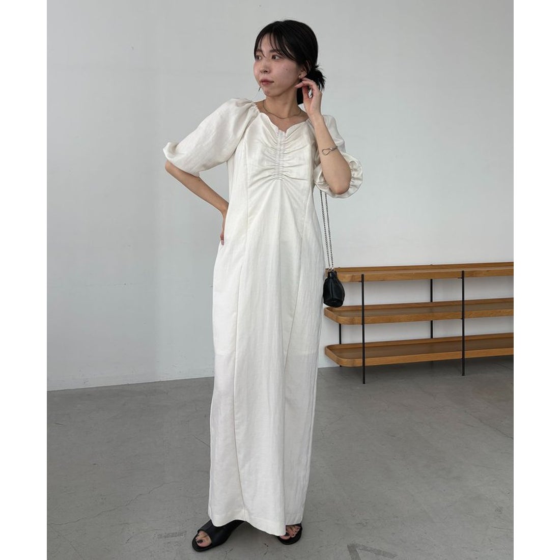 CAPRICIEUX LE'MAGE ウェーブネックギャザーOP ベージュ　PS パル PAL 【CAPRICIEUX LE'MAGE】ウェーブネックギャザーワンピース