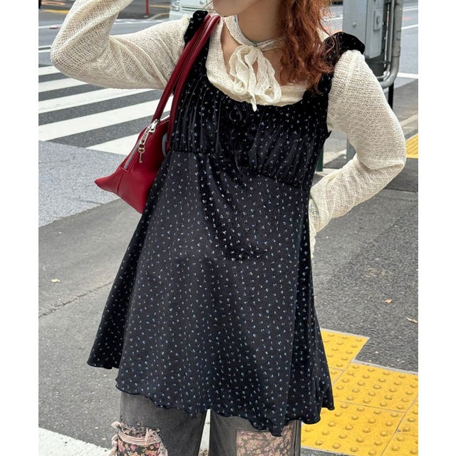 【Ciaopanic】ショルダーギャザーベロアチュニックワンピース （black(1)）