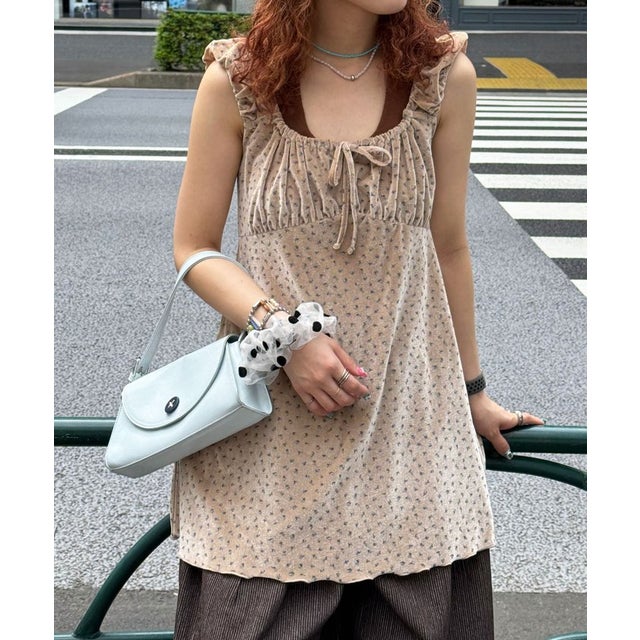 【Ciaopanic】ショルダーギャザーベロアチュニックワンピース （beige）
