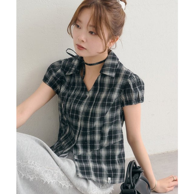 【mystic】衿付きチェックフレンチブラウス （black）