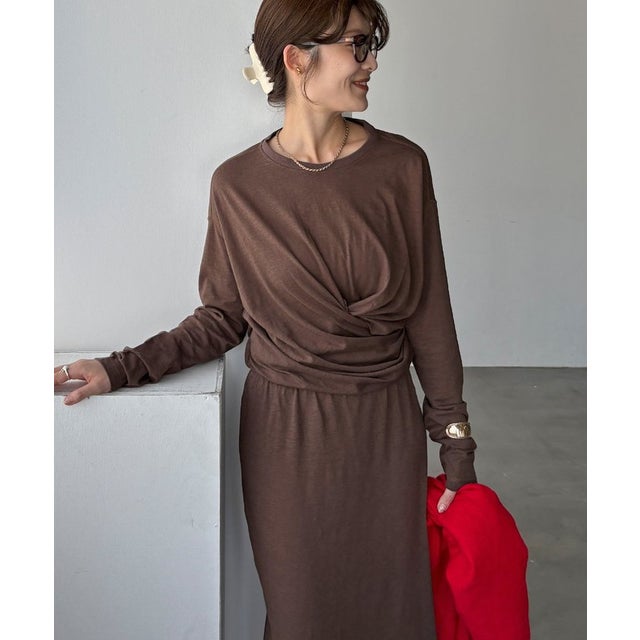 【DouDou】スラブドレープワンピース （brown）