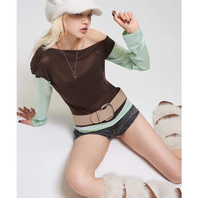 【WHO'S WHO gallery】レイヤードオフショルTEE （brown）