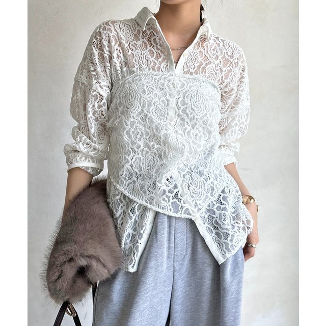 【DouDou】スカーフ付フロッキーレースシャツ （offwhite）
