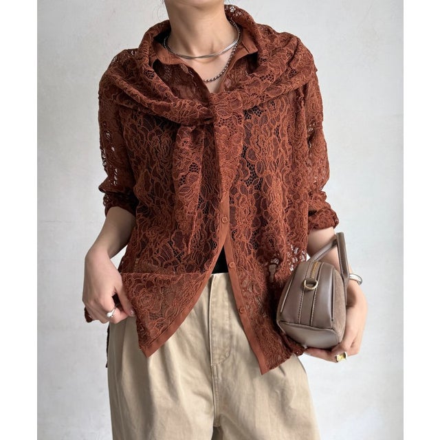 【DouDou】スカーフ付フロッキーレースシャツ （brown）
