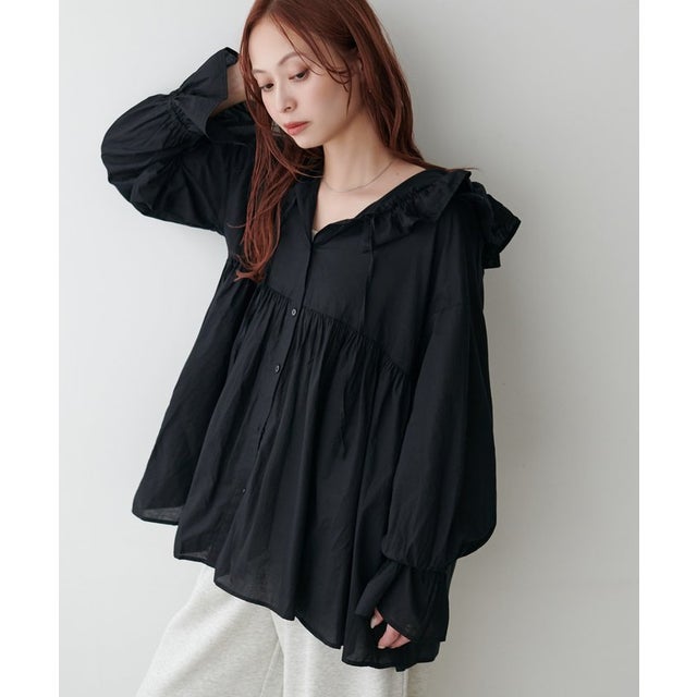 【Discoat】フリルフードギャザー切り替えシャツ （black）