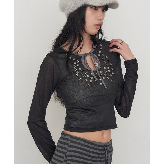 【WHO'S WHO gallery】シェルボタンシアートップス （black）