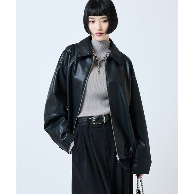 【Lui's】ステッチ使いエコレザーブルゾン （black）