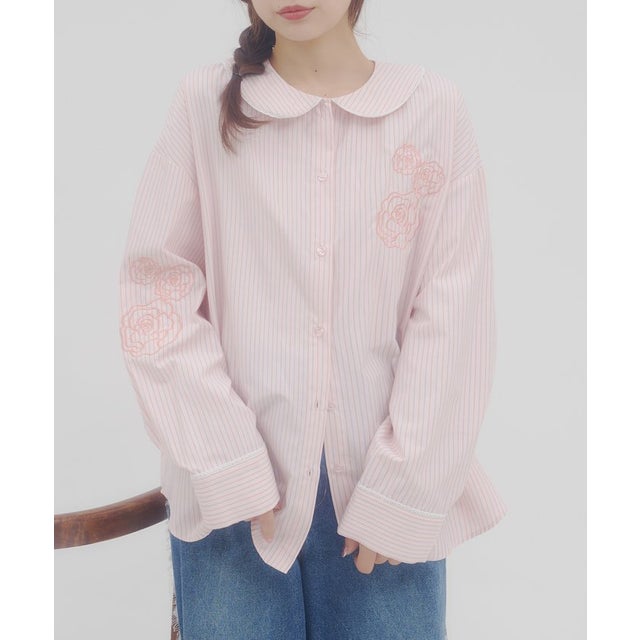 【Discoat】【umm.】バラモチーフストライプシャツ （babypink）