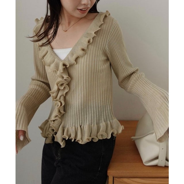 【CAPRICIEUX LE'MAGE】カーリーフリルV カーディガン （beige）