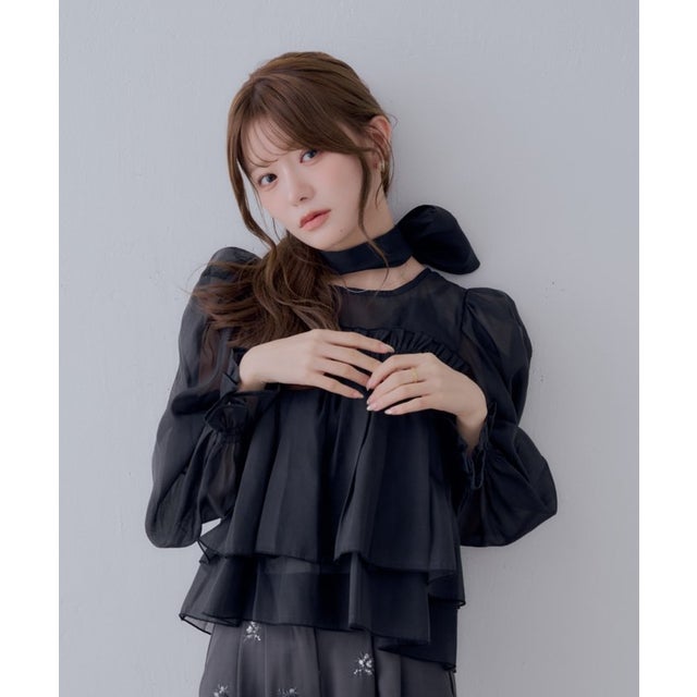 【Chico】バックリボンオーガンジーパフブラウス （black）
