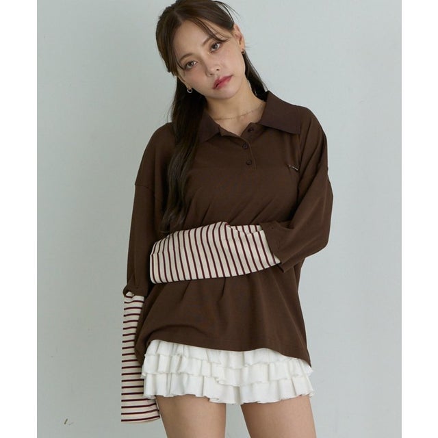 【RAY CASSIN】ルーズレイヤードポロTシャツ / ロンT （brown）